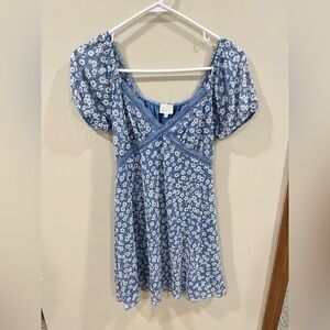 Dee Elly Blue Floral Mesh Mini Dress with Lace Trim - Size Small